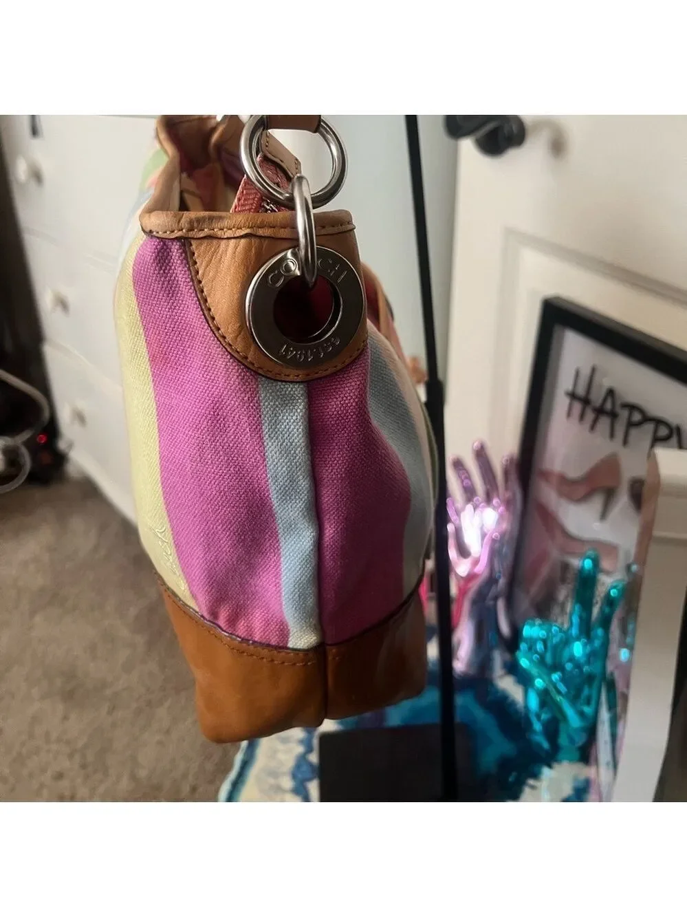 COACH Hamptons Legacy Striped Canvas & Leather Bag Clean EUC